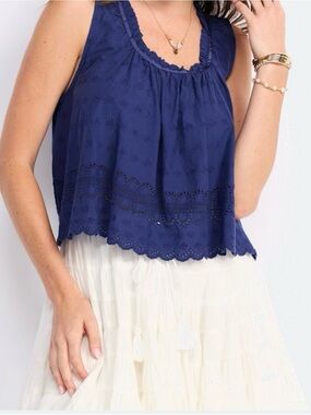 Free People | Sleeveless Navy Eyelet Tank Top - Lightweight Summer Top
